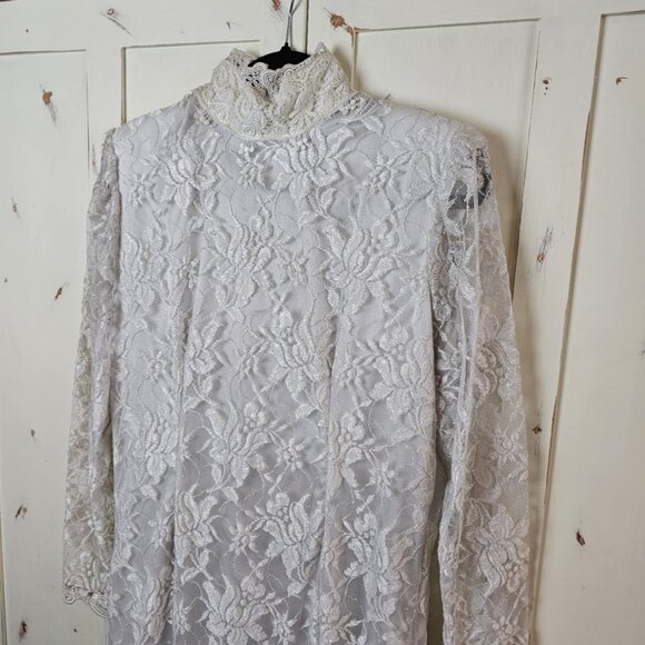 Vintage Jessica McClintock White Lace Dress – Victorian High Neck, Long Sleeve - Picture 2 of 10